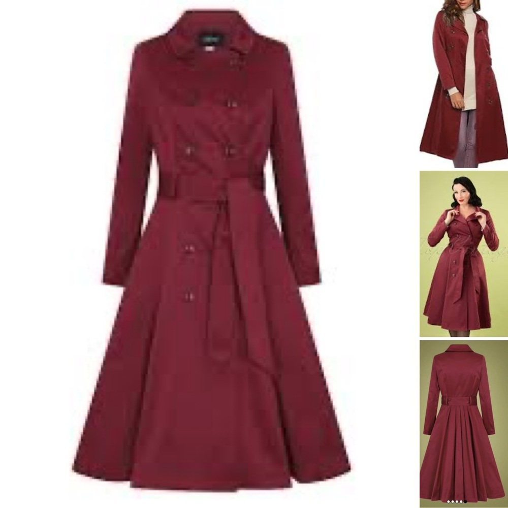 40th Retro style BurgundyDouble-Breasted Trench Coat ~ Collectif Vintage London